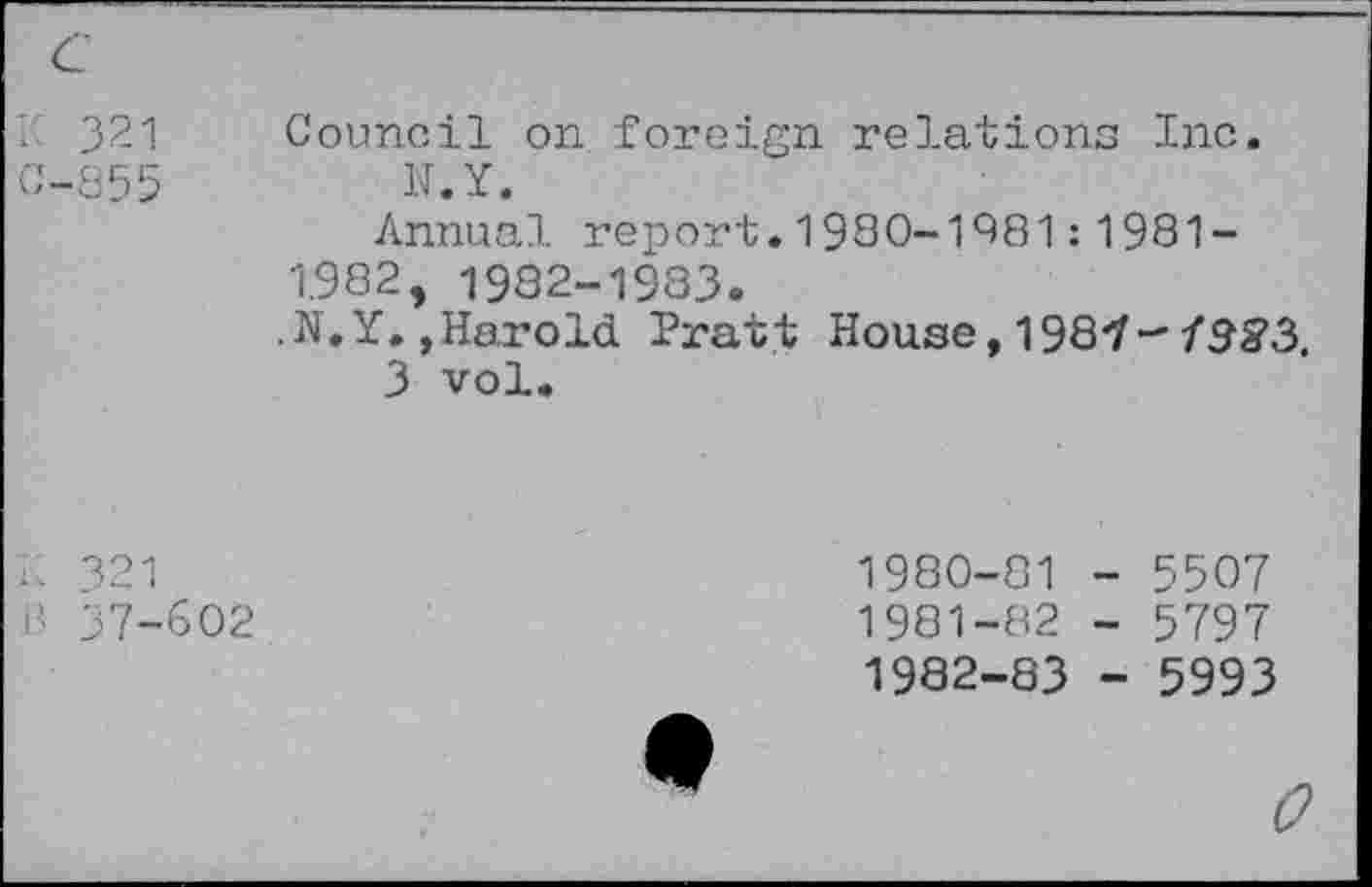 ﻿K 321 0-855	Council on foreign relations Inc. H. Y. Annual report.1980-1881: 1981-1.982, 1982-1983. .N.Y.,Harold Pratt House, 198'7-/35*3. 3 vol.
il 321
B 37-602
1980-	81 - 5507
1981-	82 - 5797
1982-	83 - 5993
0